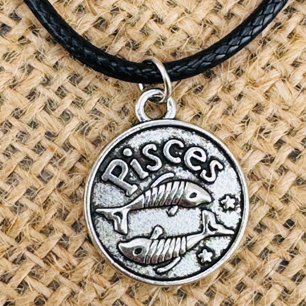 Pisces Zodiac Necklace – Silvertone Pendant on Black Leather Cord